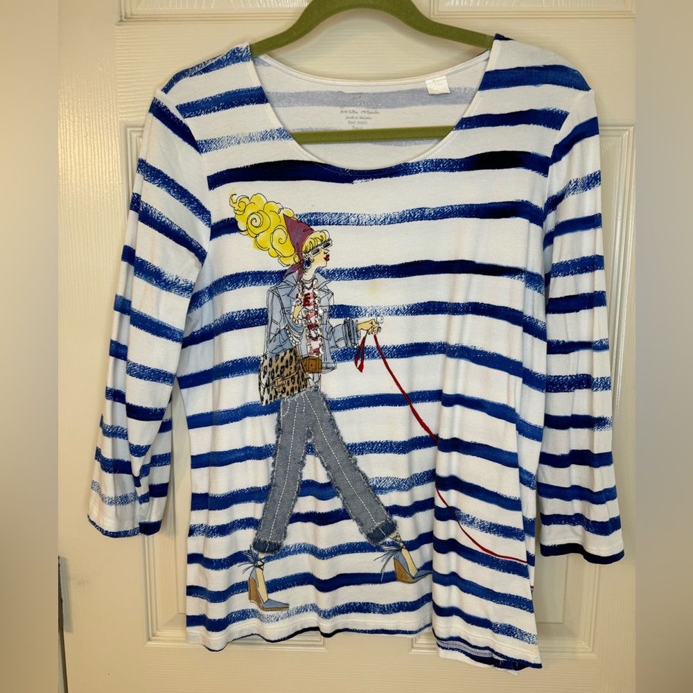 Chico's Blue and White Striped Long Sleeve Tee